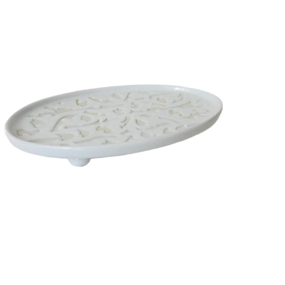 Carved Footed Ceramic Soap Dish White Leaf Design Elegant Bath Decor
